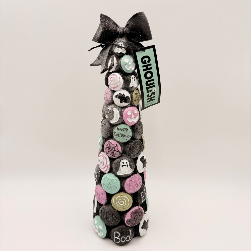 Ghoulish Halloween Macaron Tree Pastel Goth Spooky Decor Black Bow 15 Inch NEW